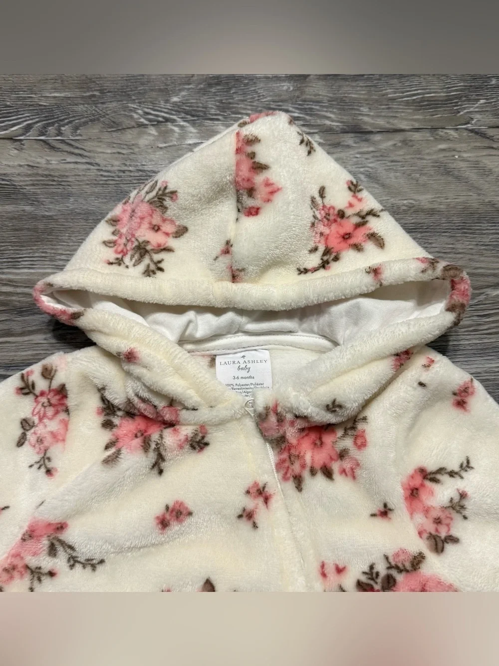 Laura Ashley Baby Bunting 3-6M Cream Pink Floral Fuzzy Hooded Coverall
